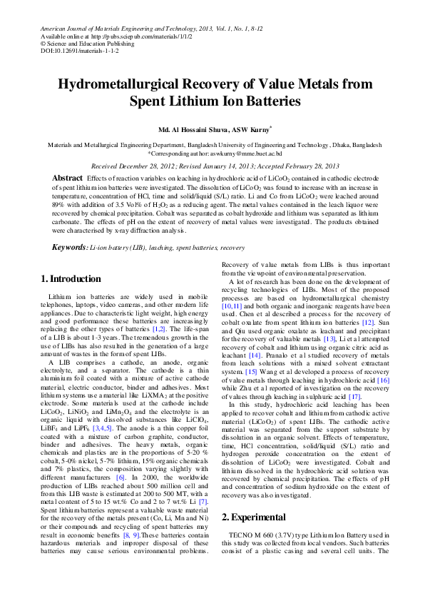 (PDF) Hydrometallurgical Recovery of Value Metals from Spent Lithium ...