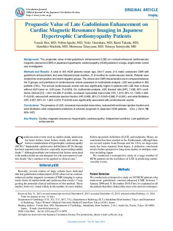(PDF) Prognostic Value of Late Gadolinium Enhancement on Cardiac ...