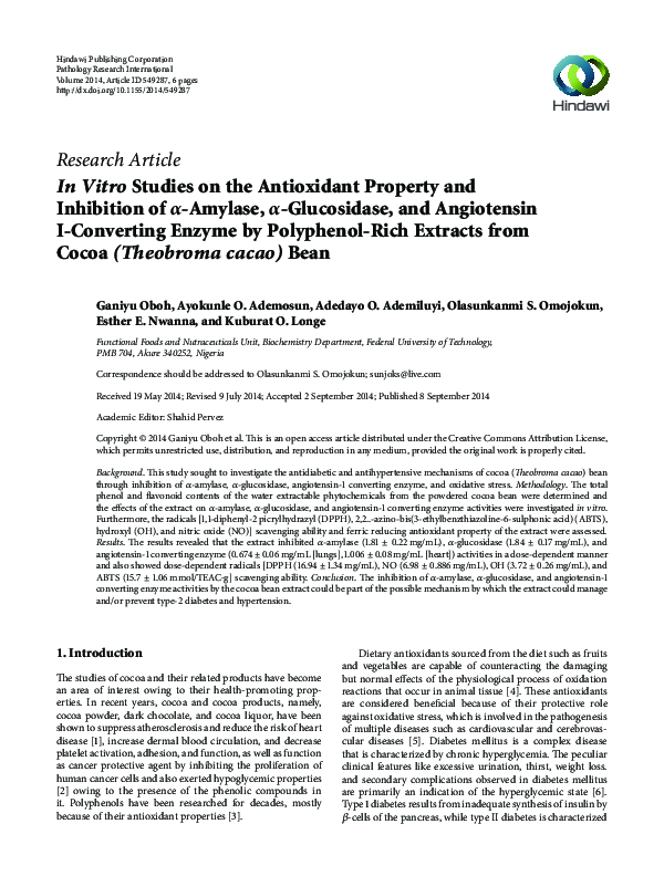 (PDF) In Vitro Studies on the Antioxidant Property and Inhibition of α ...