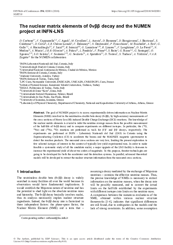 (PDF) The nuclear matrix elements of 0νββdecay and the NUMEN project at ...