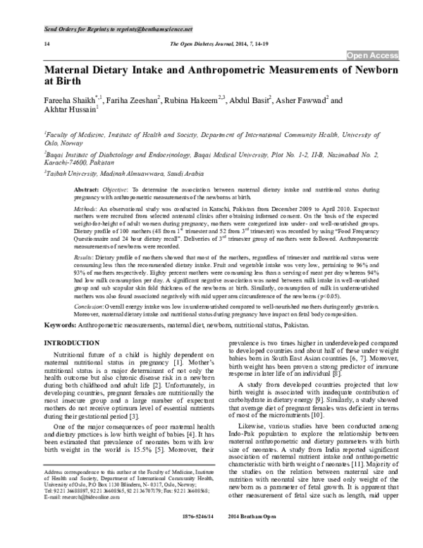(PDF) Maternal Dietary Intake and Anthropometric Measurements of ...