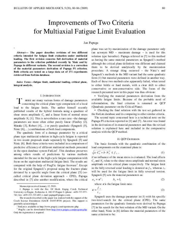 (PDF) Improvements of two criteria for multiaxial fatigue limit evaluation