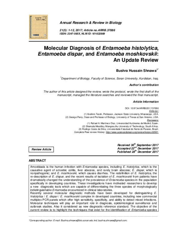 (PDF) Molecular Diagnosis of Entamoeba histolytica, Entamoeba dispar ...
