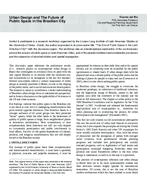 (PDF) Urban Design and The Future of Public Space in the Brazilian City