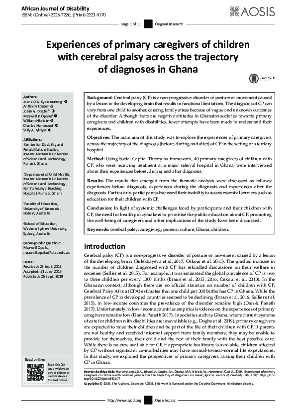 (PDF) Experiences of primary caregivers of children with cerebral palsy ...