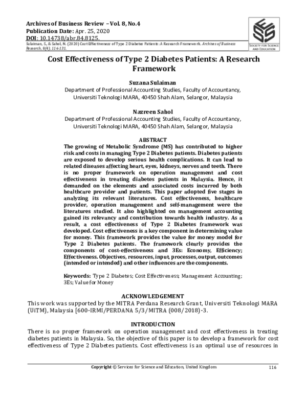 (PDF) Cost Effectiveness Of Type 2 Diabetes Patients: A Research Framework