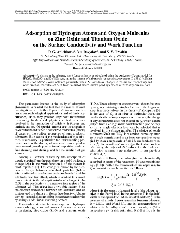 (PDF) Adsorption of hydrogen atoms and oxygen molecules on zinc oxide ...