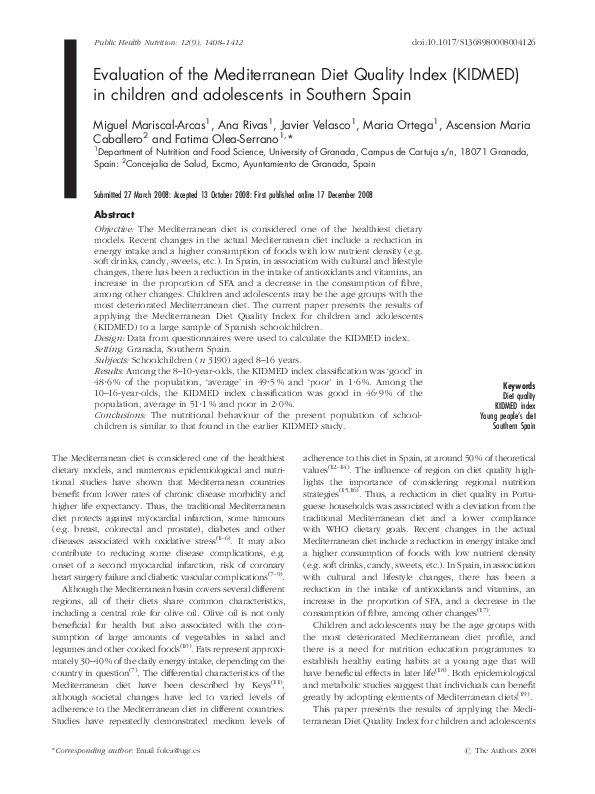 (PDF) Evaluation of the Mediterranean Diet Quality Index (KIDMED) in