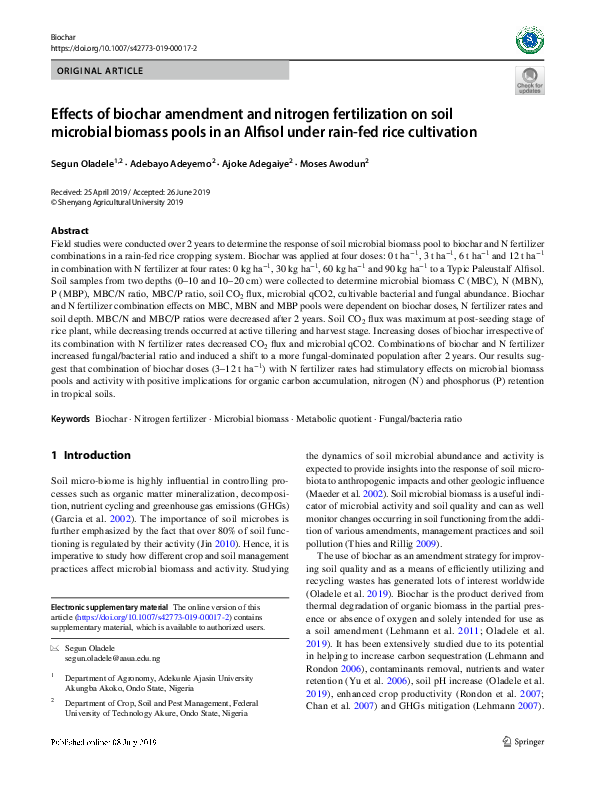(PDF) Effects of biochar amendment and nitrogen fertilization on soil ...