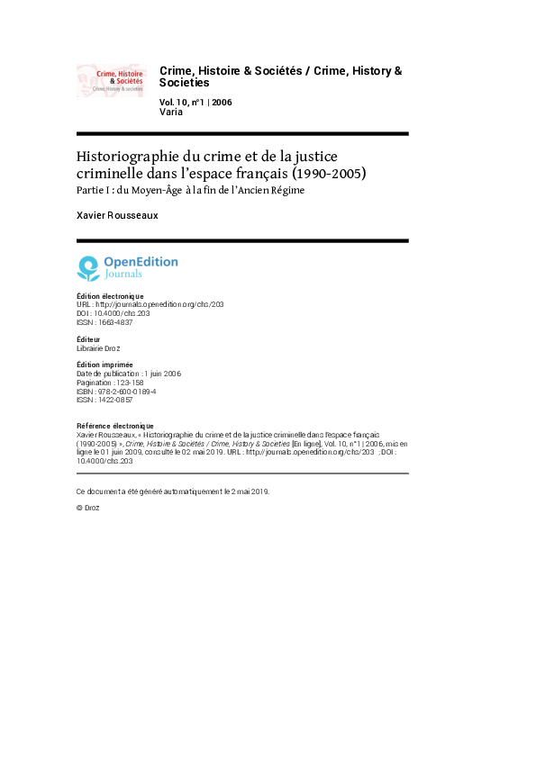 (PDF) Historiographie du crime et de la justice criminelle dans l ...