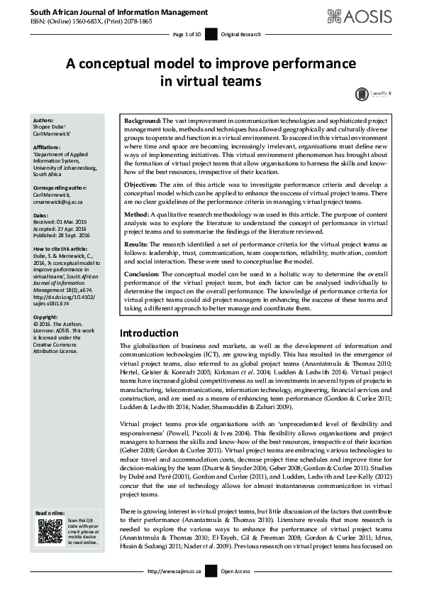 (PDF) A conceptual model to improve performance in virtual teams