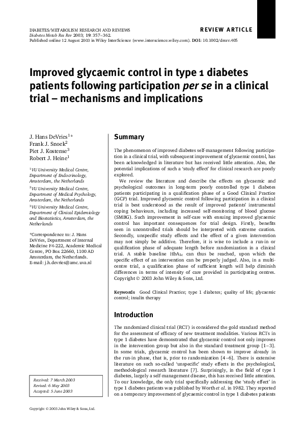 (PDF) Improved glycaemic control in type 1 diabetes patients following ...