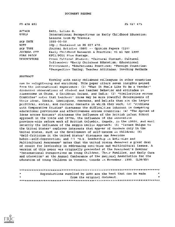 (PDF) International perspectives on early childhood: a day in the life