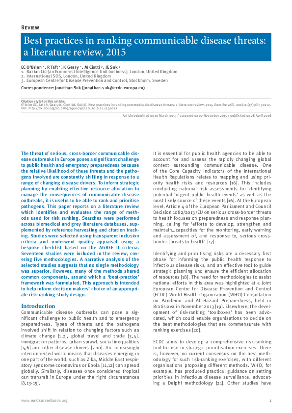 (PDF) Best practices in ranking communicable disease threats: a ...