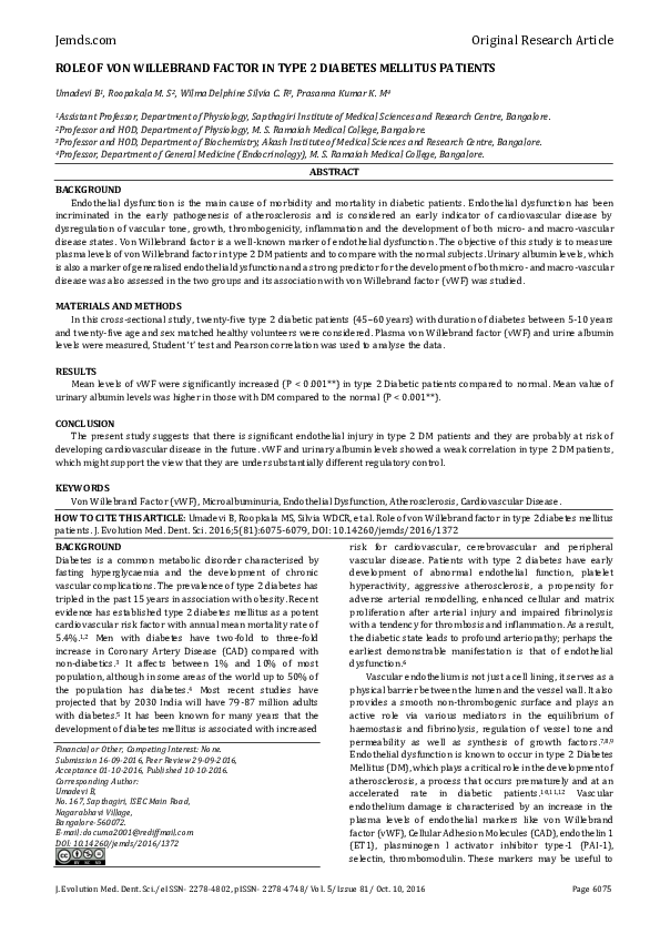 (PDF) Role of Von Willebrand Factor in Type 2 Diabetes Mellitus Patients
