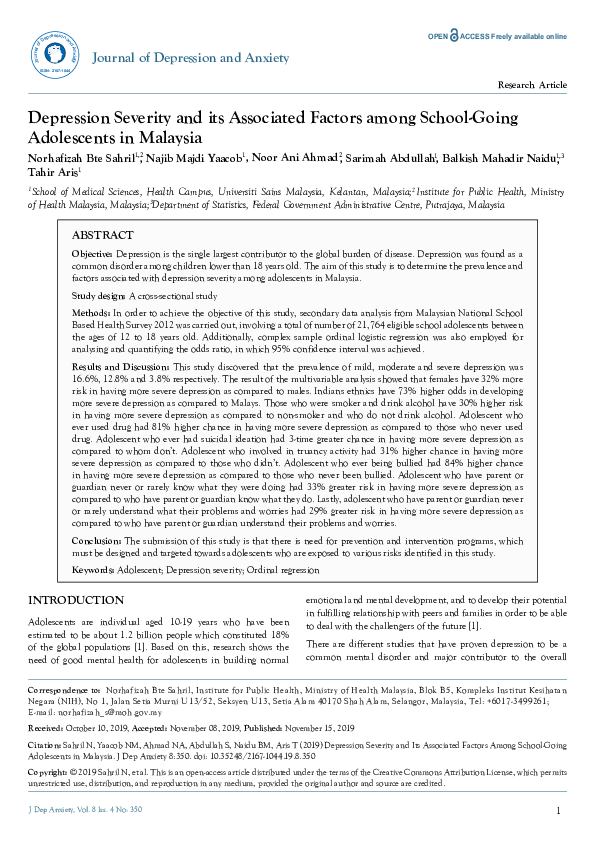 (PDF) Depression Severity and its Associated Factors among School-Going ...