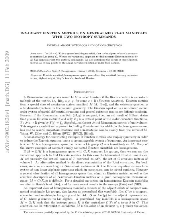 (PDF) Invariant Einstein Metrics on Generalized Flag Manifolds with Two ...
