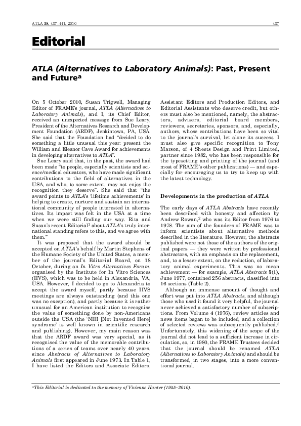 (PDF) ATLA (Alternatives to Laboratory Animals): past, present and future