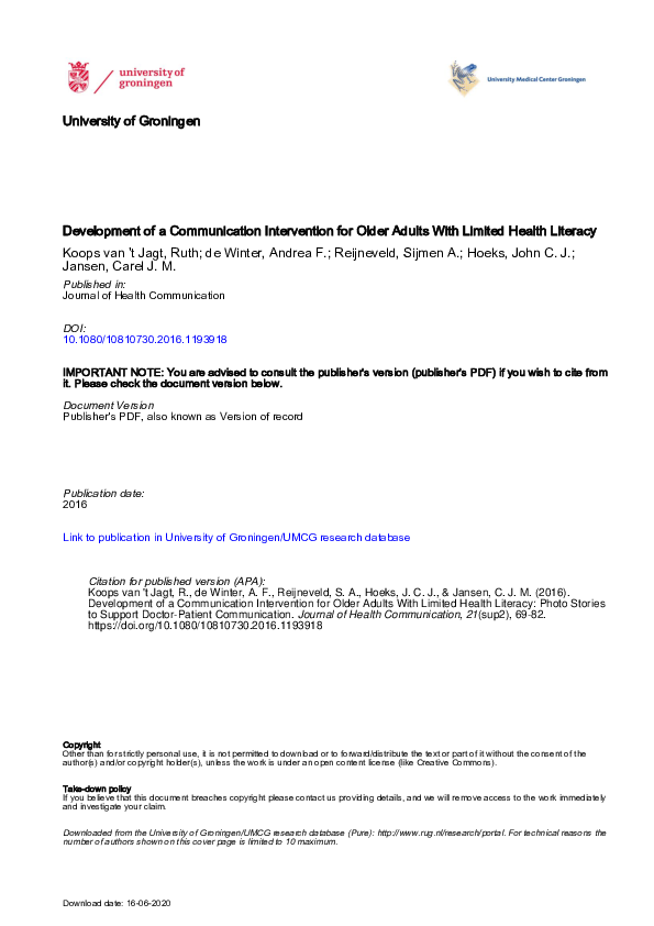 Pdf Development Of A Communication Intervention For Older Adults With Limited Health Literacy Photo Stories To Support Doctor Patient Communication Carel Jansen Academia Edu