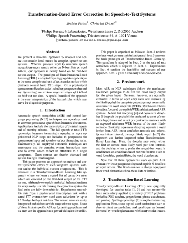 (PDF) Transformation-based error correction for speech-to-text systems
