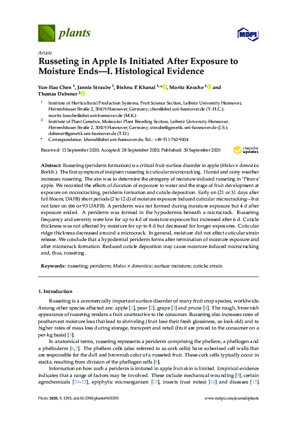 (PDF) Russeting in Apple Is Initiated After Exposure to Moisture Ends—I ...