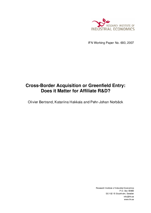 (PDF) CrossBorder Acquisition or Greenfield Entry Does it Matter for