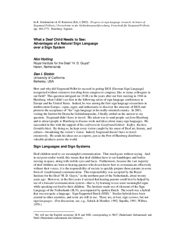 (PDF) What a deaf child needs to see: Advantages of a natural sign ...