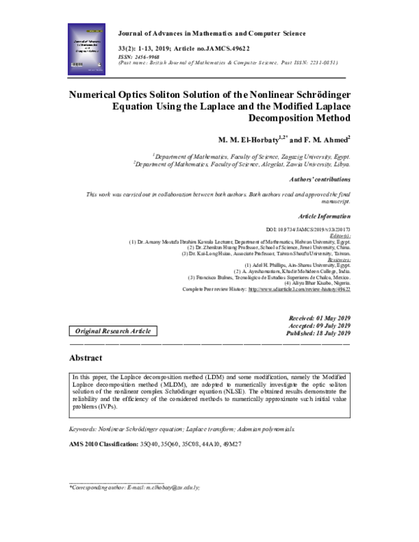 (PDF) Numerical Optics Soliton Solution of the Nonlinear Schrödinger ...