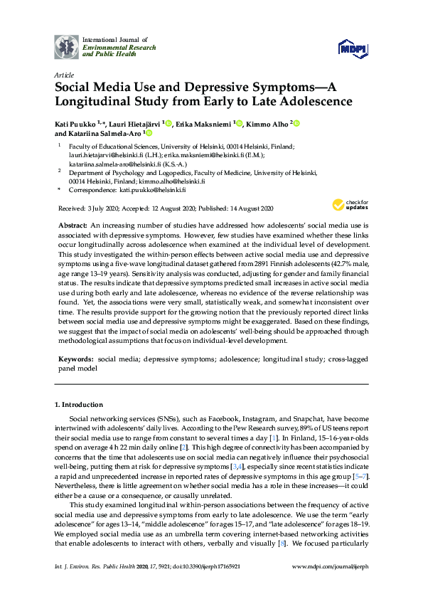 (PDF) Social Media Use and Depressive Symptoms—A Longitudinal Study ...