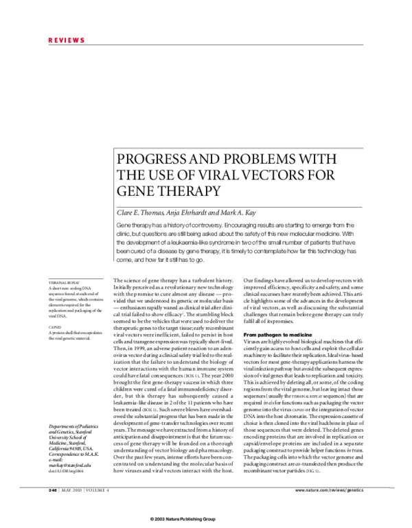 (PDF) Progress and problems with the use of viral vectors for gene therapy