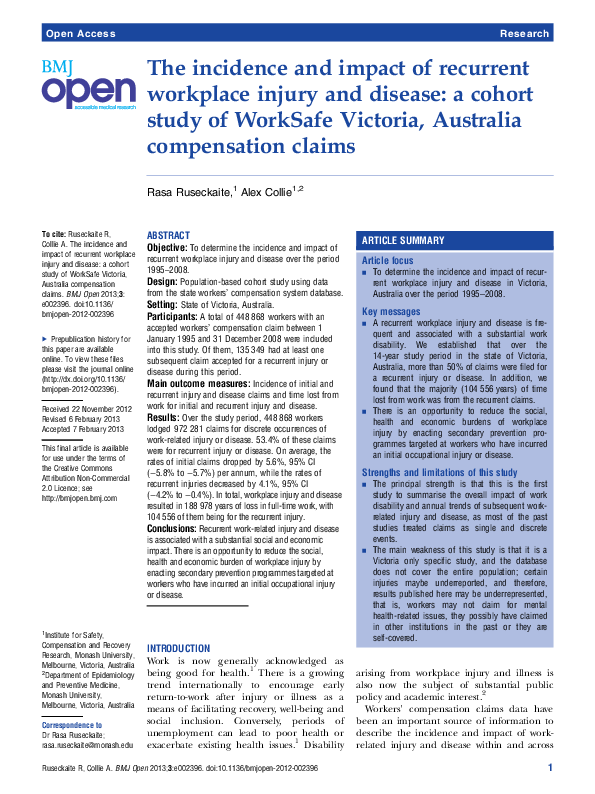 (PDF) The incidence and impact of recurrent workplace injury and ...