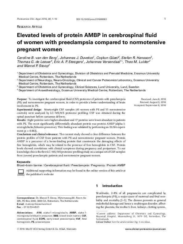 (PDF) Elevated levels of protein AMBP in cerebrospinal fluid of women