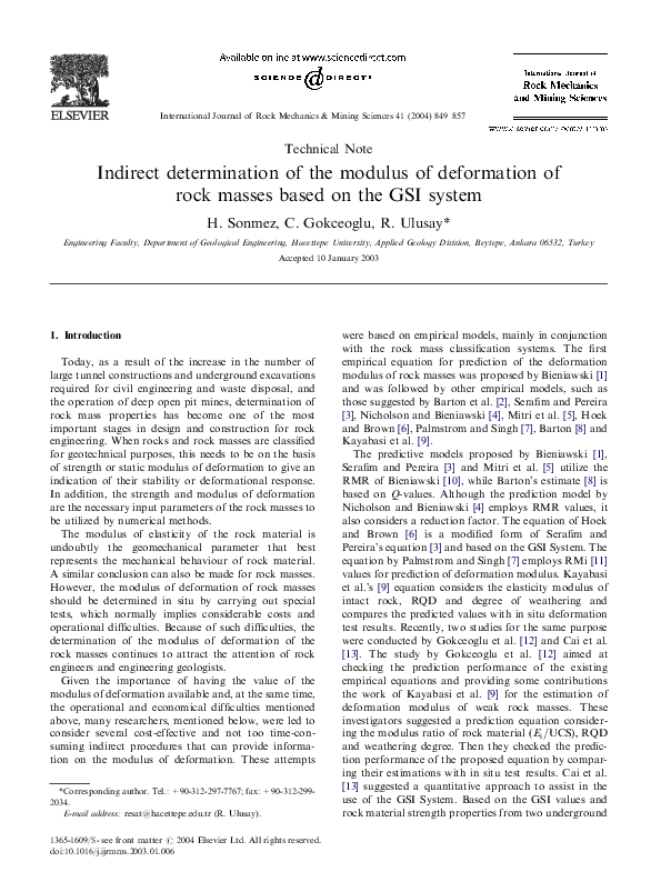 (PDF) Indirect determination of the modulus of deformation of rock ...