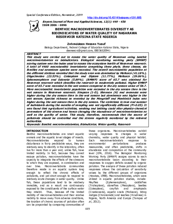(PDF) Benthic macroinvertebrates diversity as bioindicators of water ...