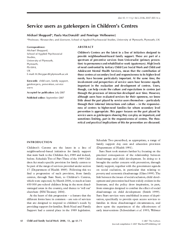 (PDF) Service users as gatekeepers in Children's Centres