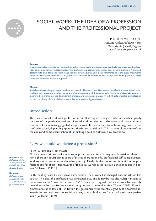 (PDF) Social Work: The Idea of a Profession and the Professional Project
