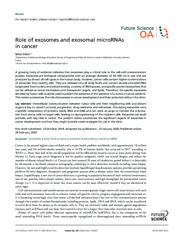 (PDF) Role of exosomes and exosomal microRNAs in cancer