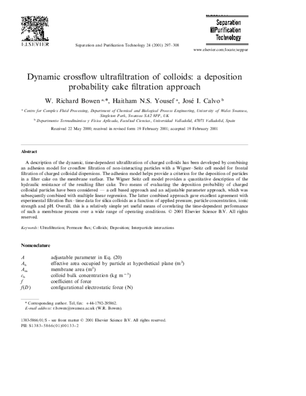 (PDF) Dynamic crossflow ultrafiltration of colloids a deposition