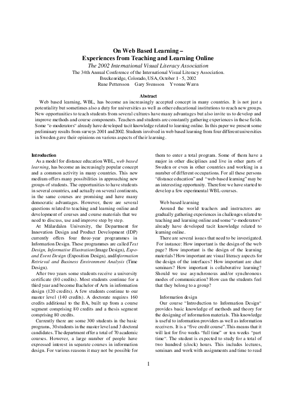 (PDF) On Web Based Learning – Experiences from Teaching and Learning Online