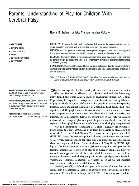 (PDF) Parents’ Understanding of Play for Children With Cerebral Palsy