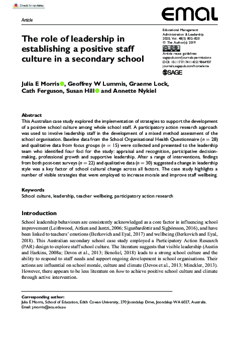 (PDF) The role of leadership in establishing a positive staff culture ...