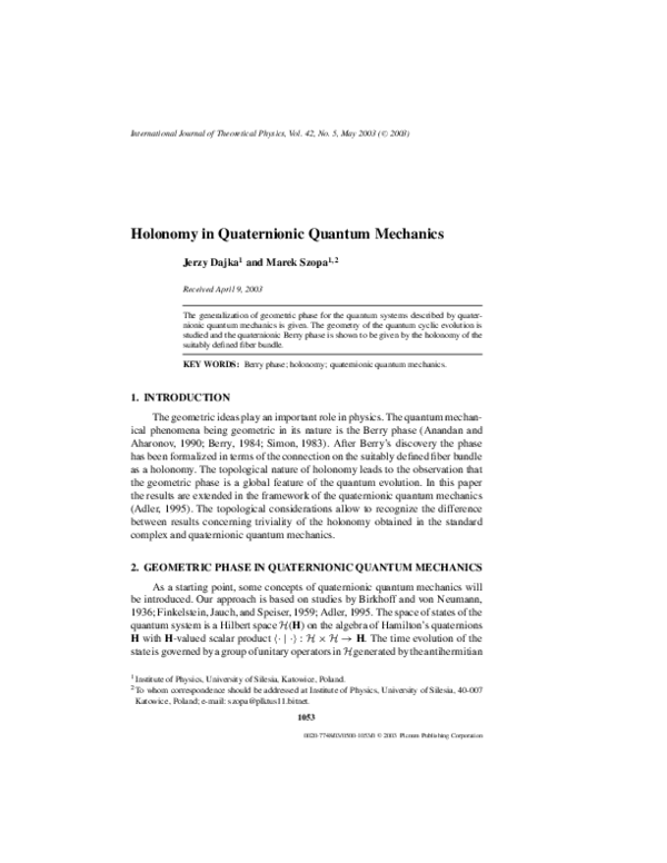 (PDF) Holonomy in quaternionic quantum mechanics