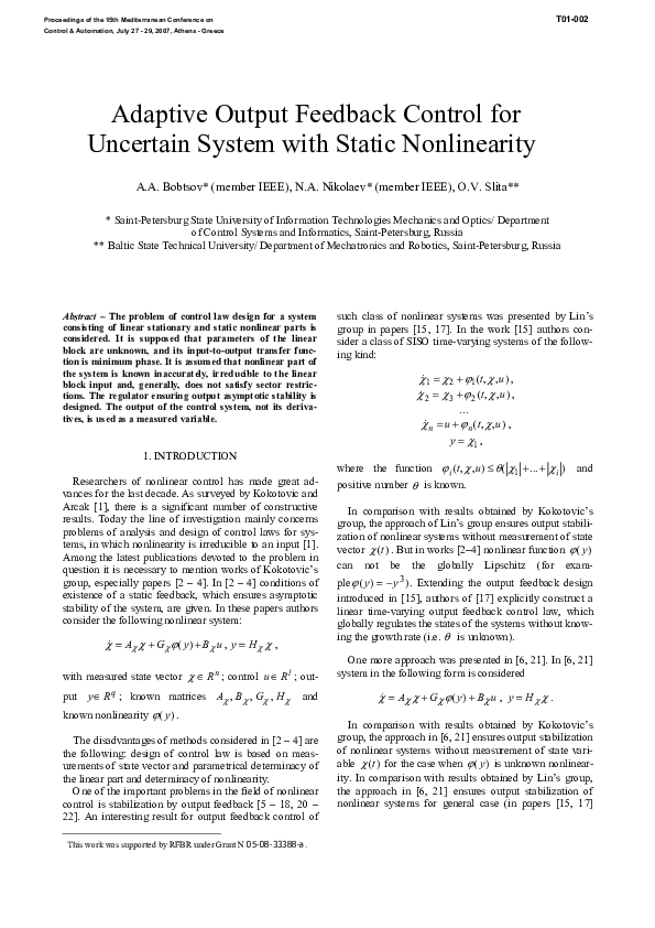 (PDF) Adaptive output feedback control for uncertain system with static ...