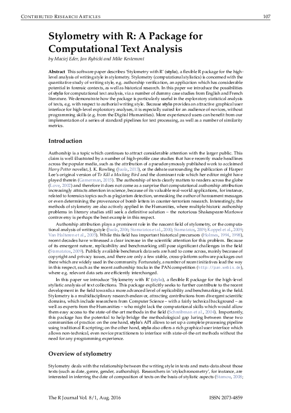 PDF) Stylometry with R: A Package for Computational Text Analysis 