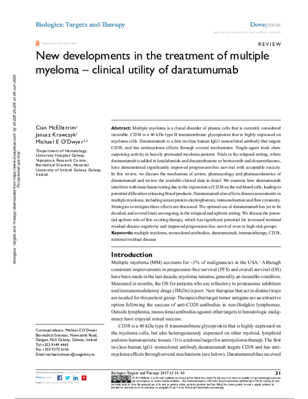 (PDF) New developments in the treatment of multiple myeloma – clinical ...