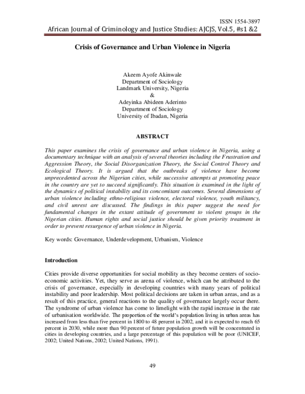 (PDF) Crisis of Governance and Urban Violence in Nigeria