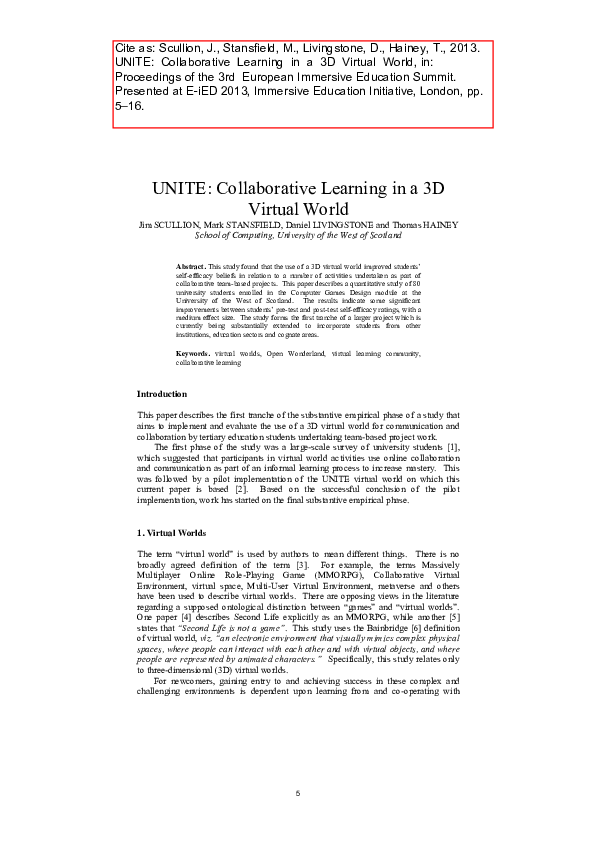 (PDF) UNITE: Collaborative Learning in a 3D Virtual World