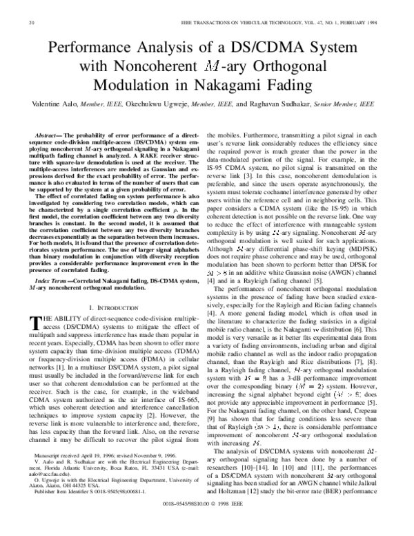 (PDF) Performance analysis of a DS/CDMA system with noncoherent M-ary ...