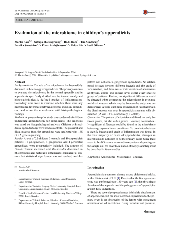(PDF) Evaluation of the microbiome in children’s appendicitis