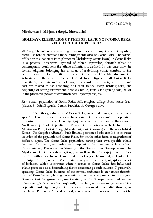 (PDF) Holiday Celebration of the Population of Gorna Reka Related to ...